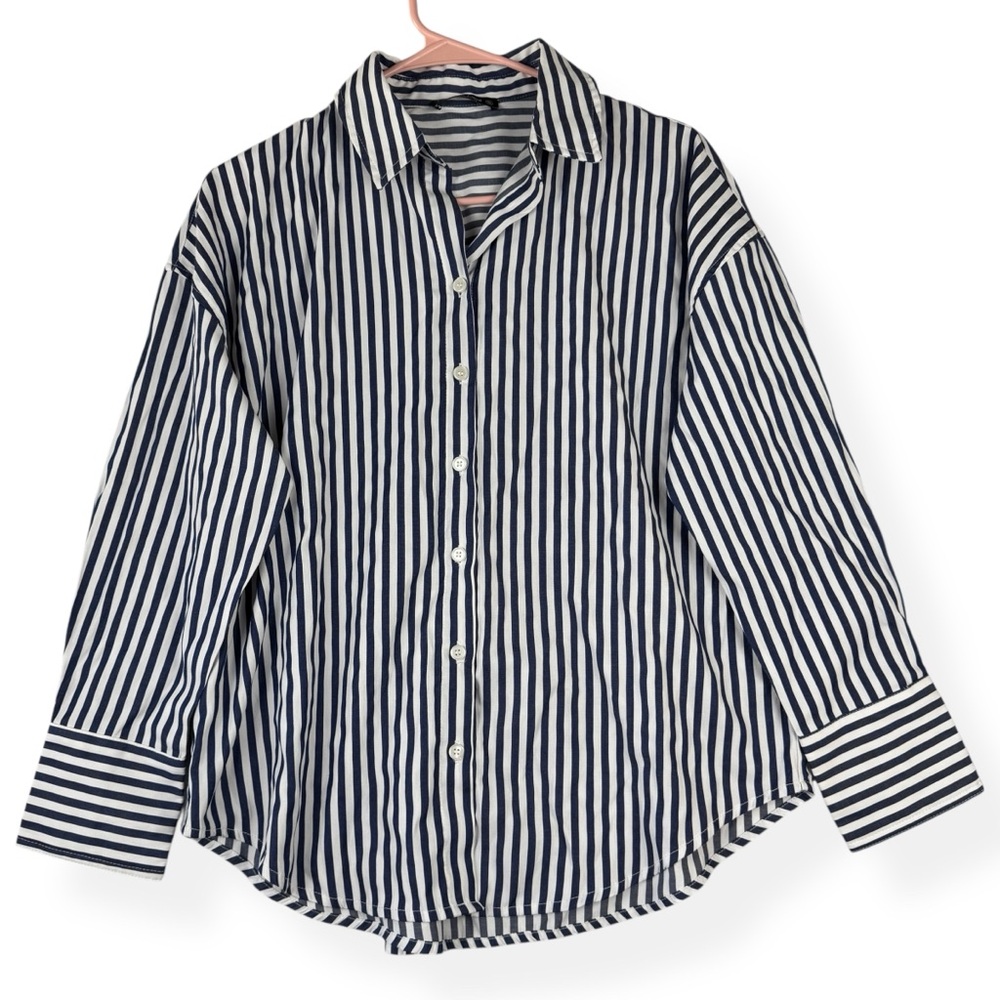 Emerson Lang Button Down Top Womens S Small Navy White Striped Long Sleeves